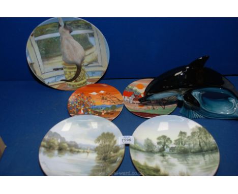 Two Coalport plates "The tranquil Thames", a china cat plate, two Poole pottery plates No. 423 Autumn I and No.425 Spring II 