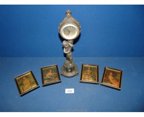 Four framed miniature silk prints plus Art Deco clock.