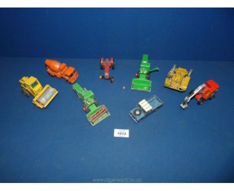 A quantity of toys including Corgi and Dinky vehicles, Massey tractor, combines, road roller, cement mixer, digger etc.