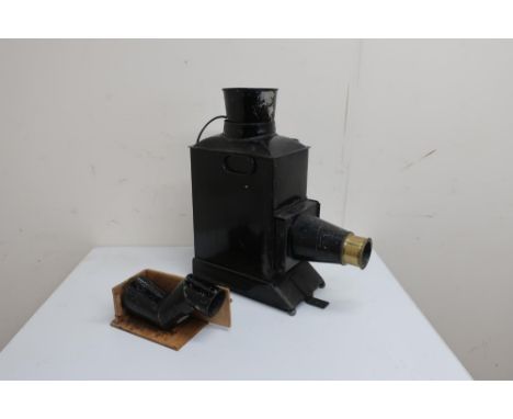 Magic lantern in black Jappaned case, brass lens, wooden slide carrier etc, now converted to electricity in original fitted b