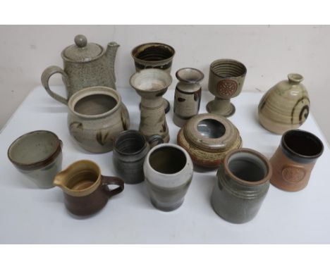 Studio pottery: stoneware including pot, goblet, decorated with a Celtic cross, Moffat vase etc (14) 