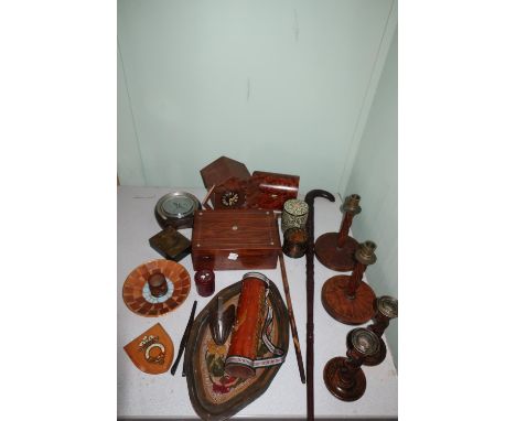 Victorian rosewood jewelry box, with mother of pearl inlay, pair of 1920's oak rope twist candlesticks, pair of 1930's oak ba