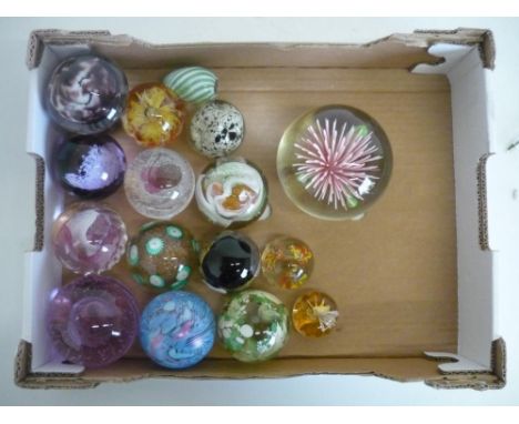 Collection of paperweights including Caithness, Pastel, Misty Scotland and Whirligig, other paperweights including mushrooms,