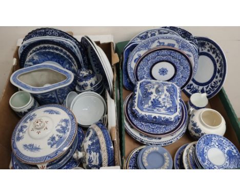 Collection of Royal Worcester, blue and white transfer printed ware, Wedgwood blue jasper ash trays etc, in two boxes 