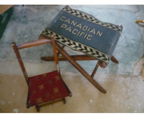 Early 20th C beech framed folding child's chair and a folding stool with "Canadian Pacific" carpet work seat 