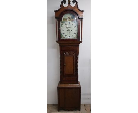 19th C mahogany long cased clock, painted roman dial, fan carved detail, bracket feet, eight day movement, hours on a bell 