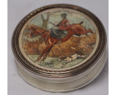 		A Continental silver snuff box of round waisted form. The cover with depiction of lady on horseback with hounds under glass