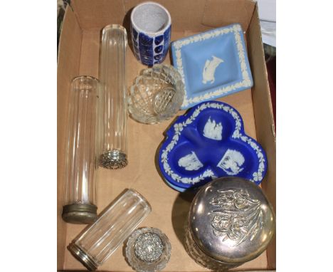 		Various silver topped jars. Wedgewood Jasperware etc.