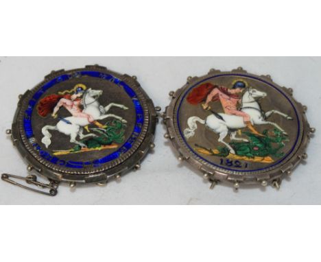 		Two enamel decorated crown coins mounted as broaches. C.R. Some losses to the enamel