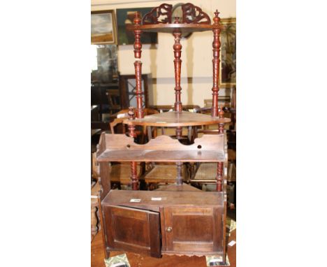 		A mahogany hanging cupboard with display shelf over together with a Victorian walnut inlaid corner whatnot (worm)