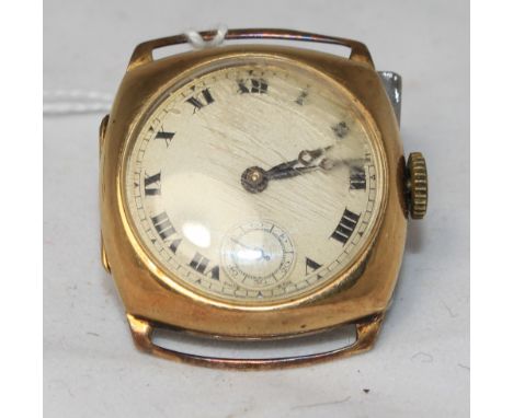 		A 9ct cased cushion gentleman's wristwatch. The dial with Roman numerals and subsiduary seconds dial. 29mm diam. excluding 