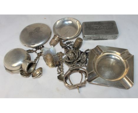 		A collection of miscillanious silver items to include snuff box, thimble, flask, jewellery etc.