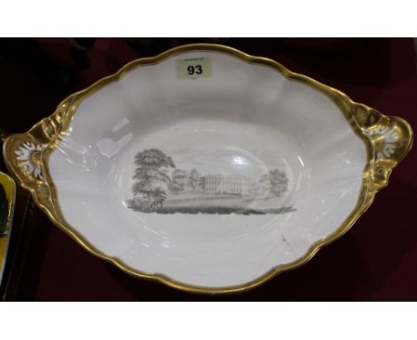 		A Spode centrepiece dish. The centre with a transfer printed view of Clandon Park, Surrey. The handles and rim enriched wit