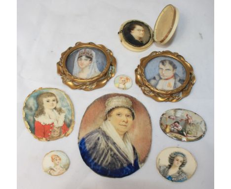 		Nine 19th Century ivory portrait miniatures. Two in gilt metal frames, another in ivory diptych case. Generally good