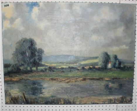 		R G Rooth. A river landscape inscribed verso 'sunshine and shade' signed. Oil on canvas. 20' x 26' unframed. C.R. Minor pai