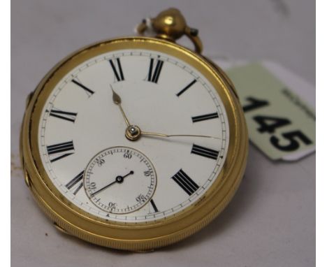 		An 18ct cased Verge watch. The back plate signed F. Hancock, Manchester No. 1975. The enamel dial with Roman numerals. The 