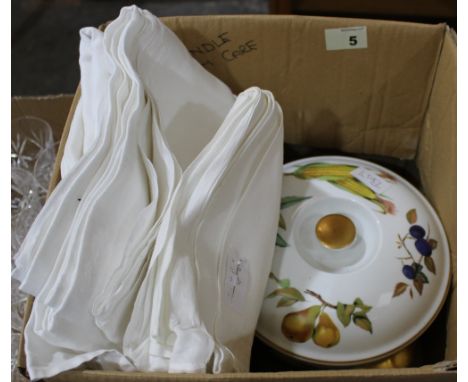 A Royal Worcester Evesham carerole with cover, souffle together with two damask table cloths