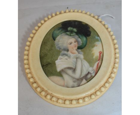 		A 19th Century portrait miniature of a young lady. Signed A. Thumerelle in a beaded ivory frame. The frame 5' high. C.R. Al