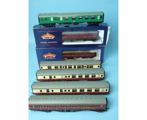 Bachmann, an LMS brake/3rd coach, (crimson), boxed, another, box a/f and five unboxed coaches, (7).