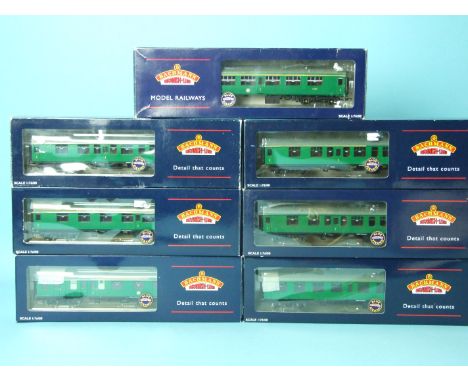 Bachmann, six BR Mk1 and one Mk2 coaches, (green), all boxed, (7).