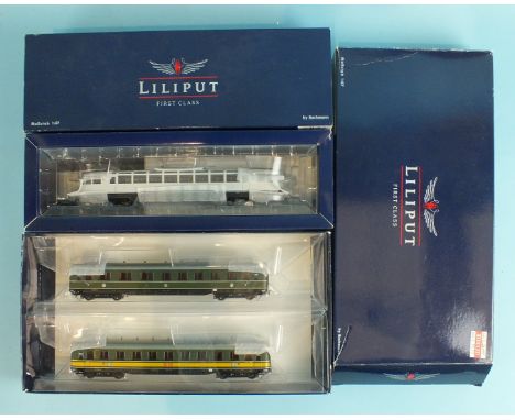 Bachmann, Lilliput HO L112803 Diesel-Aussichtstriebwagon DRG and L350081 2-car wagon set, both boxed, (2).