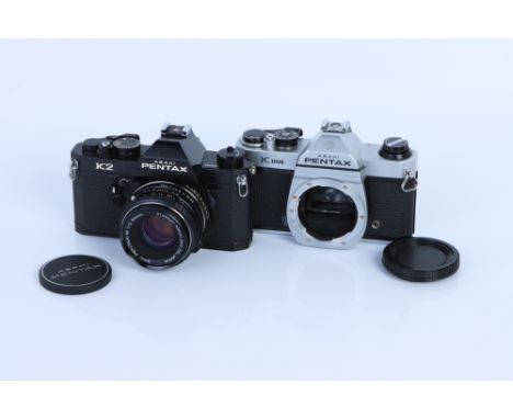 An Asahi Pentax K2 SLR Camera, black, with Pentax-M f/2 50mm lens, body, VG, shutter working, lens, G-VG, some light internal