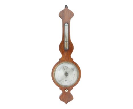 A Banjo Barometer by Frederick Welbourn of Thirsk, c.1860, in rosewood, with silvered 24cm dial and alcohol thermometer mount