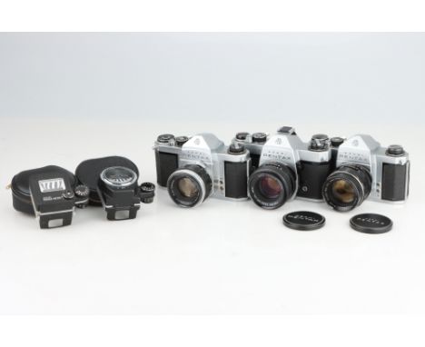 Three Asahi Pentax SLR Cameras, including SP F, H2 and S1a, all with standard 55mm Takumar lenses, bodies overall, G-VG, shut