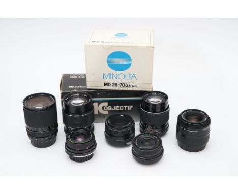 A Small Selection of Various Lenses, including Minolta MD f/3.5-4.8 28-70mm, Helios f/2.8 135mm and more, some with light int