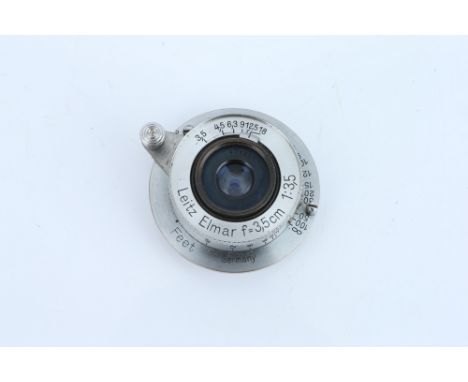 A Leitz Elmar f/3.5 35mm Lens, chrome, serial no. 471263, body, G-VG, elements, G-VG, some internal haze