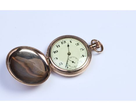 Full Hunter Pocket Watch, Swiss 15 jewel movement, cream dial with arabic numerals, Dennison gold plated case, currently runn