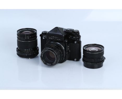An Asahi Pentax 6x7 Medium Format Camera, including Takumar f/2.4 105mm, f/4 45mm and f/4.5 75mm lenses, body, G, shutter wor