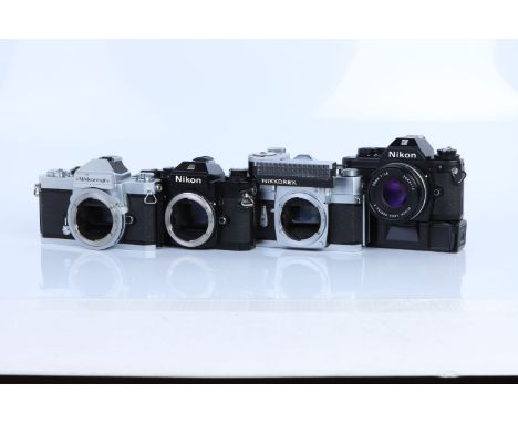 Four Nikon SLR Bodies / Cameras, including El, Nikkormat FT2, EM and Nikkorex, EM with Series E f/1.8 50mm lens, bodies overa