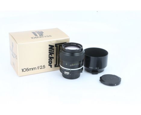 A Nikon Ai Nikkor f/2.5 105mm Lens, black, serial no. 842708, body, VG-E, elements, VG, some light internal haze, in maker's 