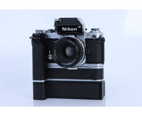 A Nikon F2 SLR Camera, chrome, with Nikkor f/2 50mm lens, body, G-VG, shutter working, lens, G-VG, some light internal haze, 