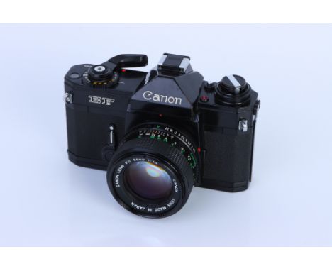 A Canon EF SLR Camera, black, with FD f/1.4 50mm lens, body, VG, shutter working, lens, VG, some light internal haze