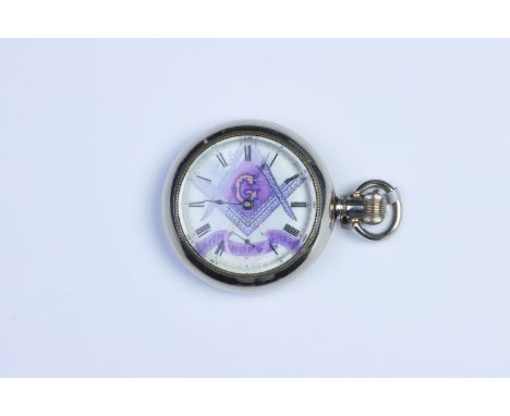 A Pocket Watch with Masonic Decoration,, railway' type, diameter 61mm, white enamel dial overpainted, currently running