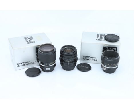 Three Nikon Nikkor Lenses, including Micro-Nikkor f/3.5 55mm, PC-Nikkor f/2.8 35mm and Zoom-Nikkor f/3.5 43-86mm lenses, bodi