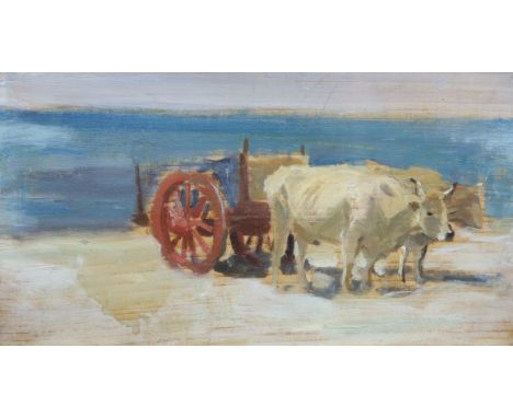Arthur Lemon (1850-1912), oil on wooden panel, Sketch of oxen pulling a cart, 10 x 19cm