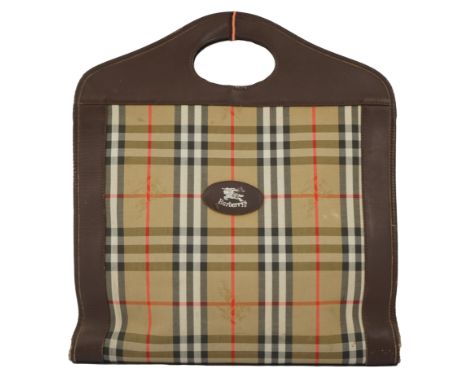 A vintage Burberry brown plaid canvas and leather tote bag.