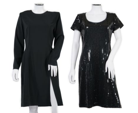 Two vintage Yves Saint Laurent variation lady's black evening dresses, F 42 (UK 14). Proceeds to Happy Paws Puppy Rescue