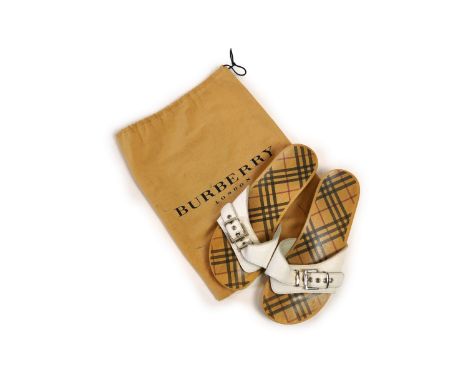A pair of vintage Burberry white leather clog slides, with dust bag. Size 39
