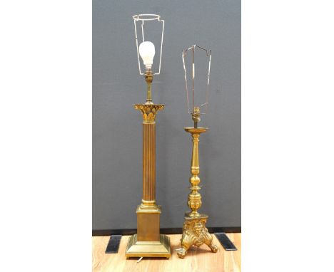 A large brass Corinthian column table lamp and another, largest 60cm excluding light fittings