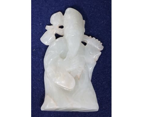 A Chinese pale celadon jade figure of Shou Lao, wood stand, 10cm high