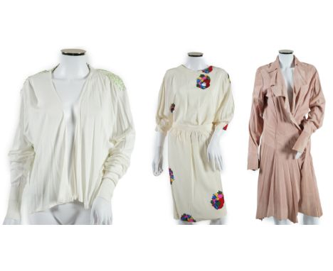 A lady's Angela Caputi silk cream skirt and blouse with fruit design size 46, a Ted Baker white lightweight cardigan with lea