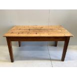 A Victorian rectangular pine kitchen table, width 152cm, depth 89cm, height 76cm. Condition - fair