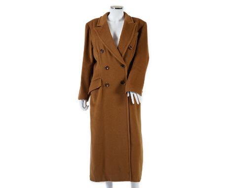 A vintage Yves Saint Laurent variation lady's dark tan double breasted wool long coat, F 40 (UK 12). Proceeds to Happy Paws P