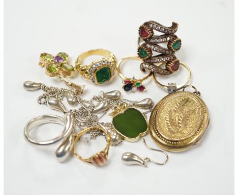 Assorted jewellery including a French yellow metal(18ct mark), ruby, sapphire, emerald and diamond cluster set dress ring, si