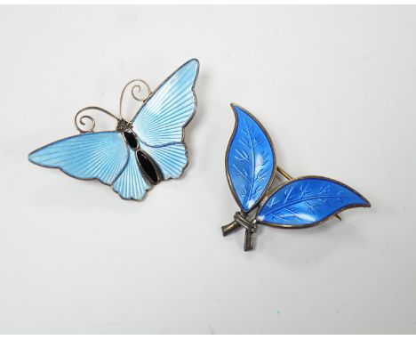 A 20th century Norwegian sterling and blue enamel set butterfly brooch by David Andersen, width 43mm and a similar double lea