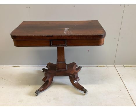 A Regency rectangular rosewood folding card table, width 91cm, depth 45cm, height 74cm.  Condition - poor